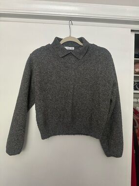 Mango Women's Charcoal Collared V-Neck Sweater